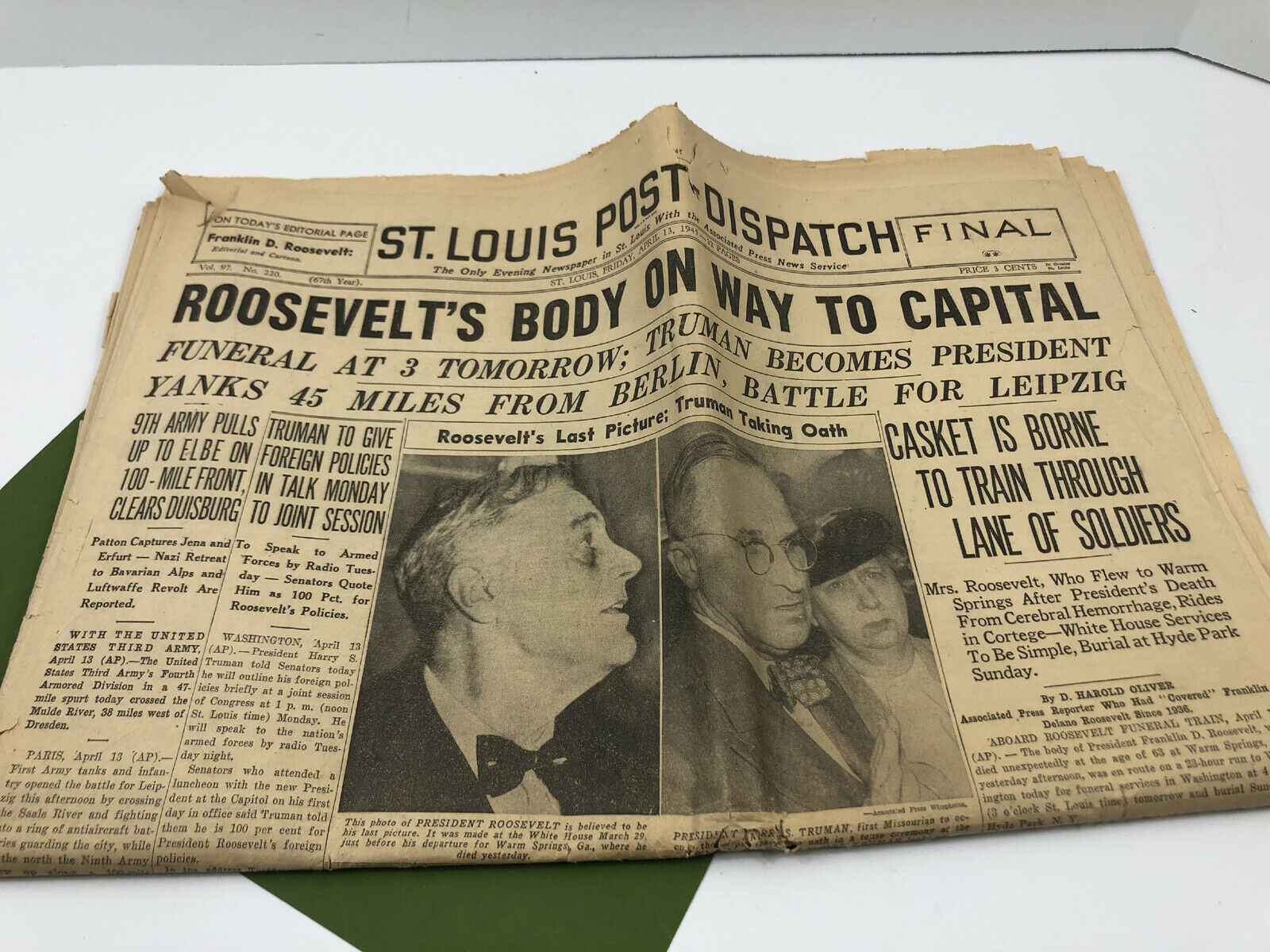 Vintage Wwii Original Newpaper April 13, 1945 Roosevelt's Body St. Louis Post
