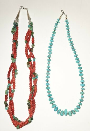 Vintage Sterling Silver Southwestern Red Coral & Turquoise Necklace Lot Of Two