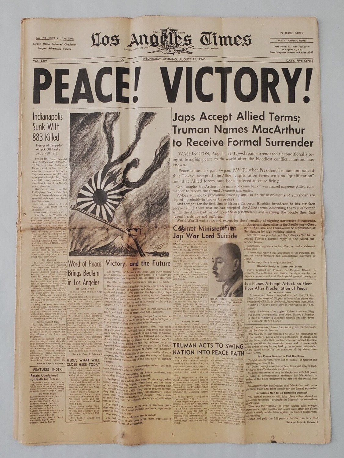 Peace! Victory! Wwii Newspaper Aug 15, 1945 Japanese Surrender L.a. Times Vj Day