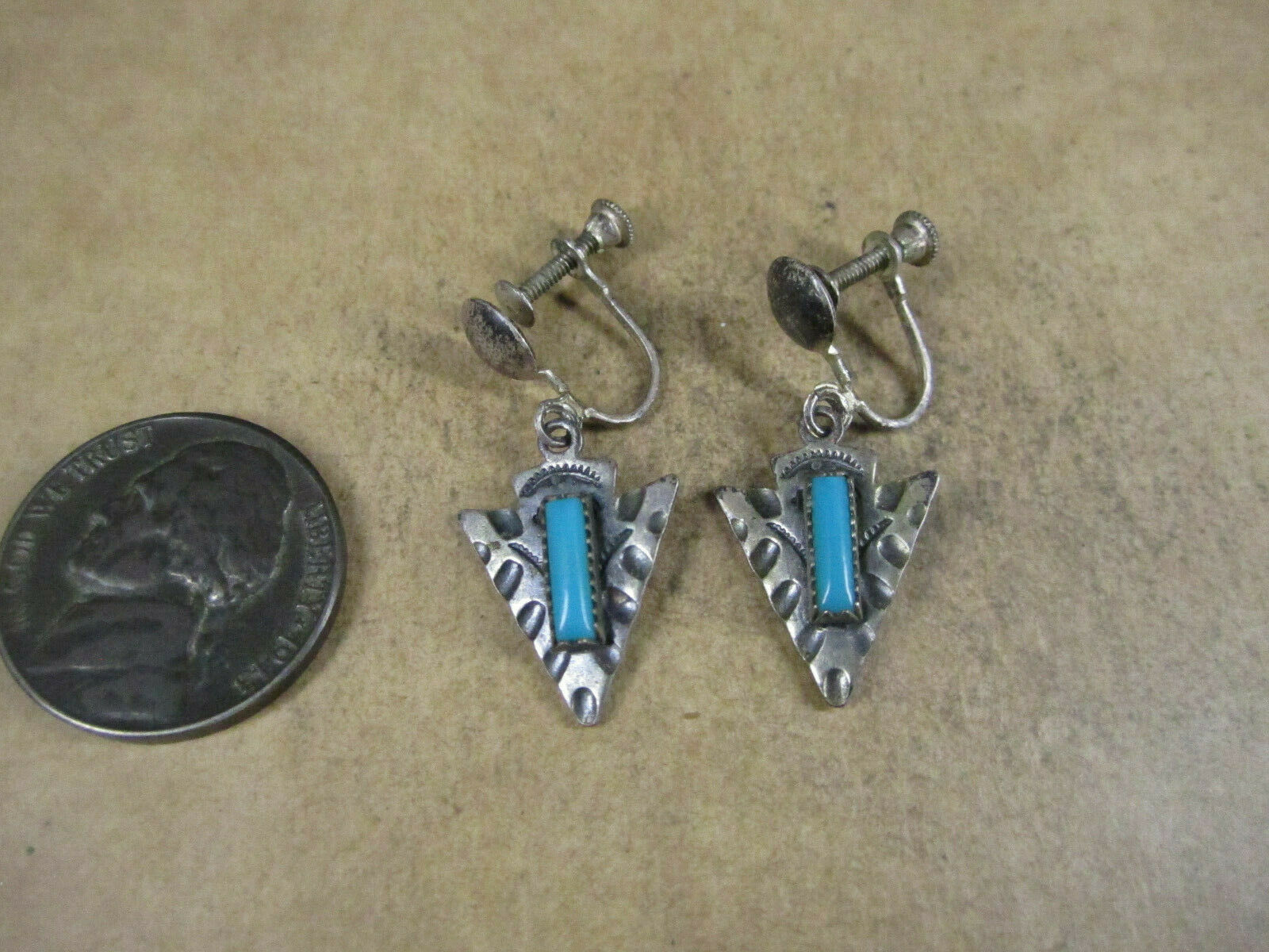 Vtg Harvey Era Sterling Silver & Turquoise Arrowhead Earrings, 4.1g