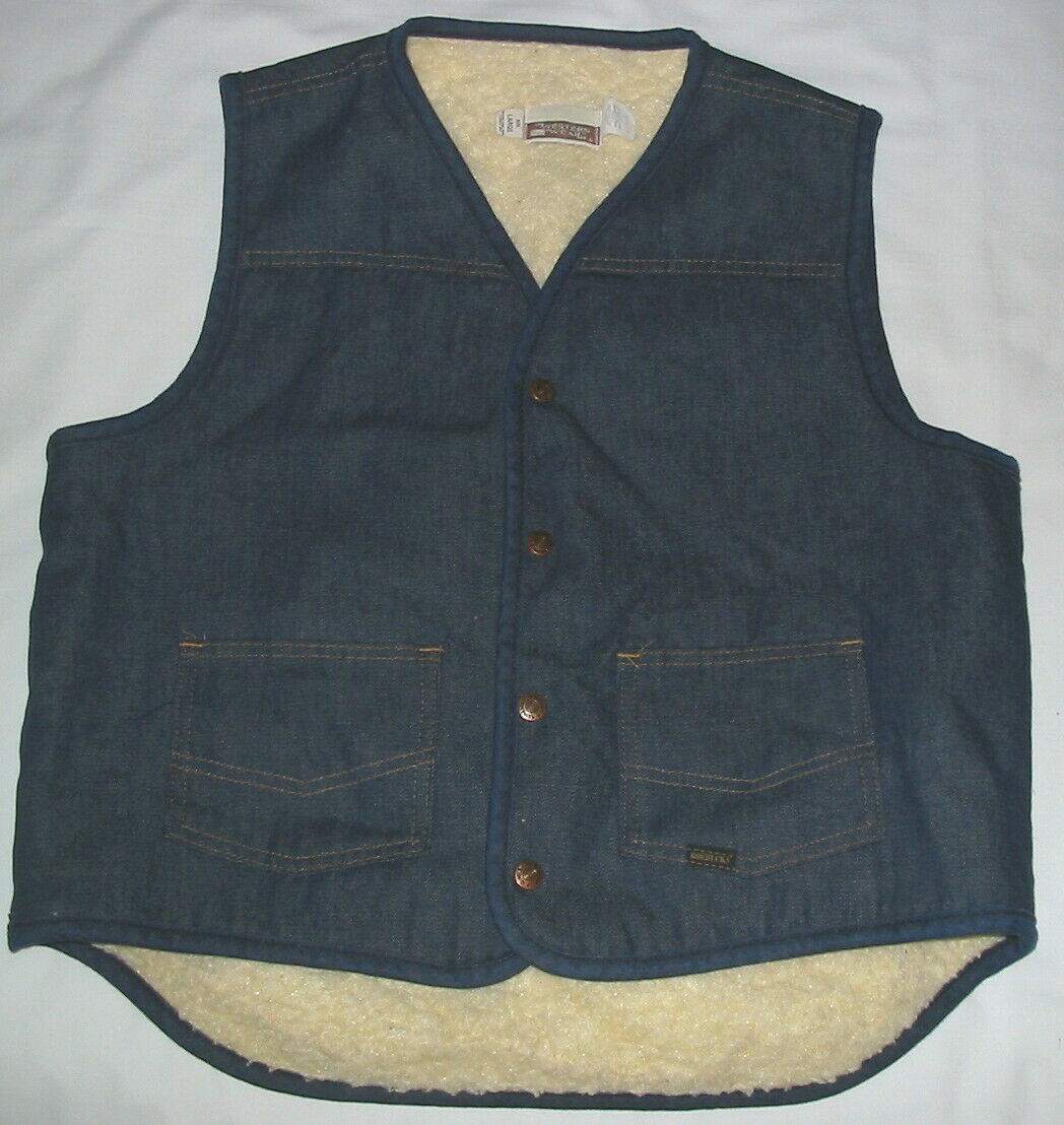 Vintage Sears Western Wear Fleece Lined Blue Denim Vest Men's Sz L 2 Pockets Exc