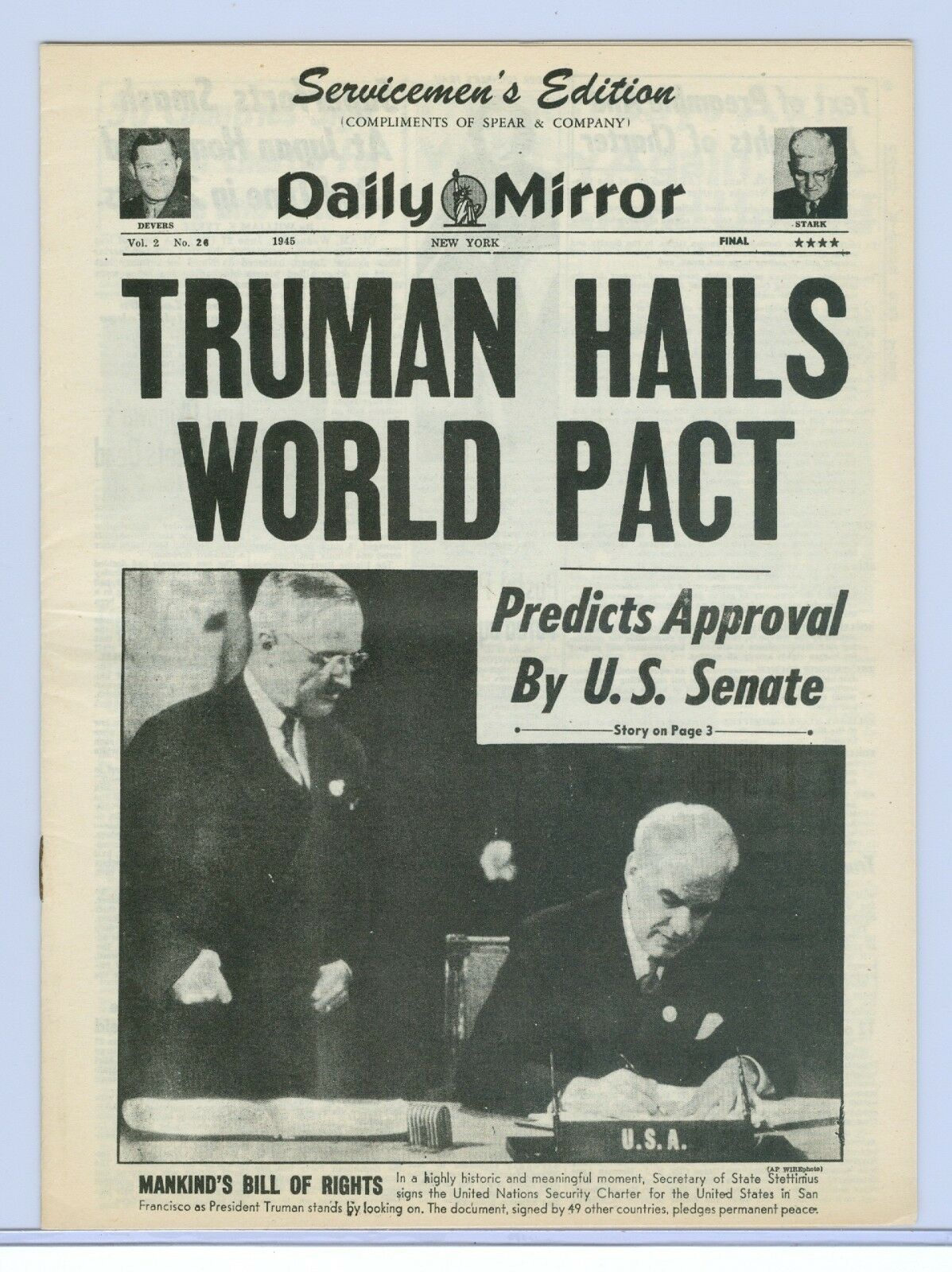 Scarce Daily Mirror, Servicemen's Edition, June 1945 "truman Hails World Pact"