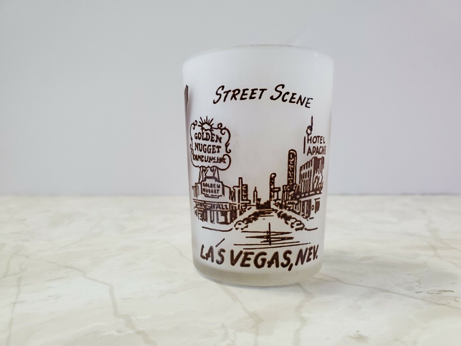 Vintage Las Vegas Nevada Souvenir Frosted Glass Brown Color Print