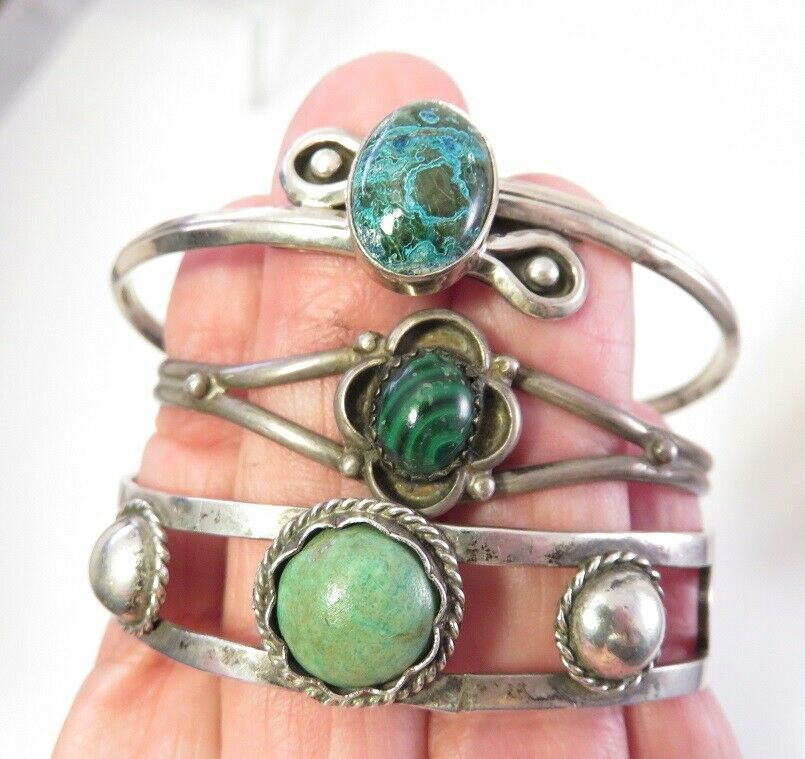 Vintage 3 Pc Lot Of Ladies Sterling Cuff Bracelets Turquoise And Malachite Stone
