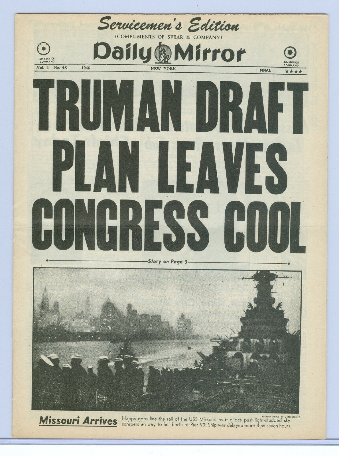 Scarce Daily Mirror, Servicemen's Edition, Oct.1945 "truman Draft Plan Leaves.."