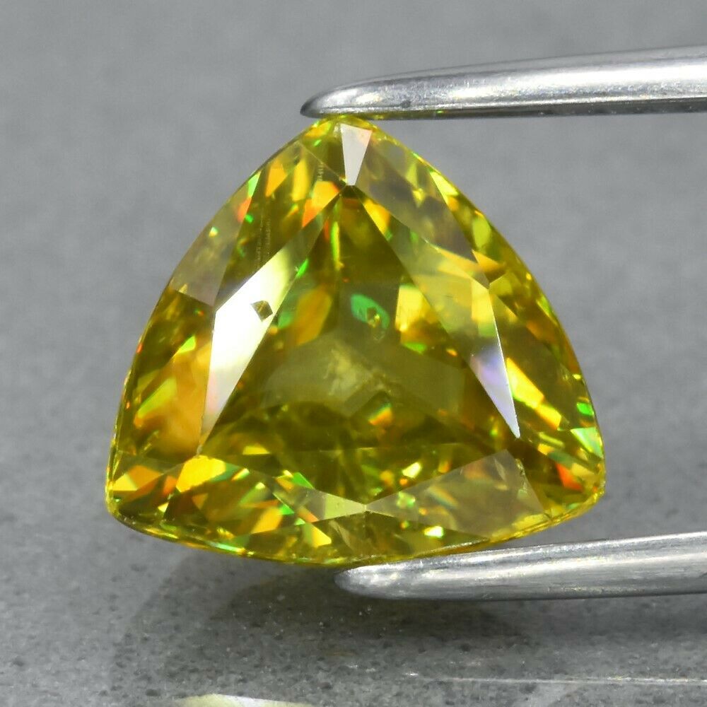 2.35ct 8.5x7.7mm Trillion Natural Yellowish Green Sphene, Diamond Luster