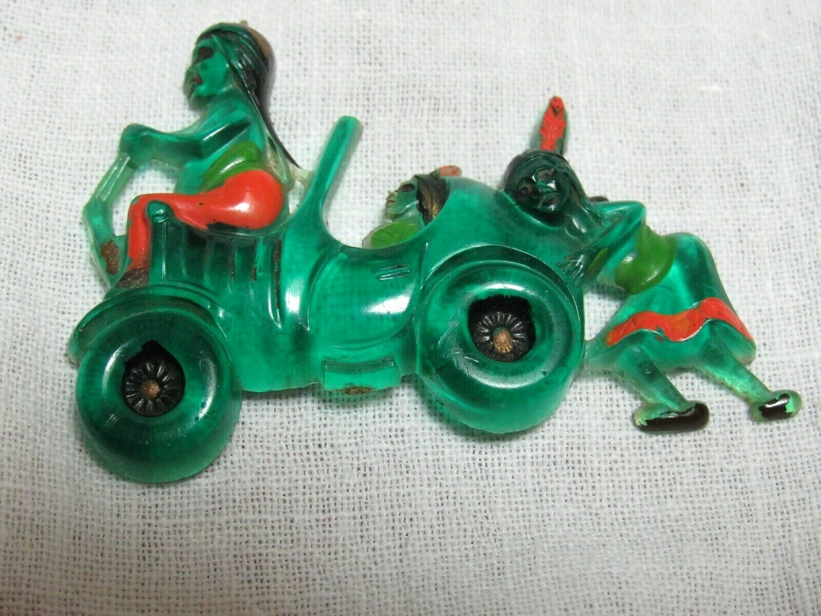 Vintage Lucite Plastic Pin Indians Pushing An Old Car Needs Pinback