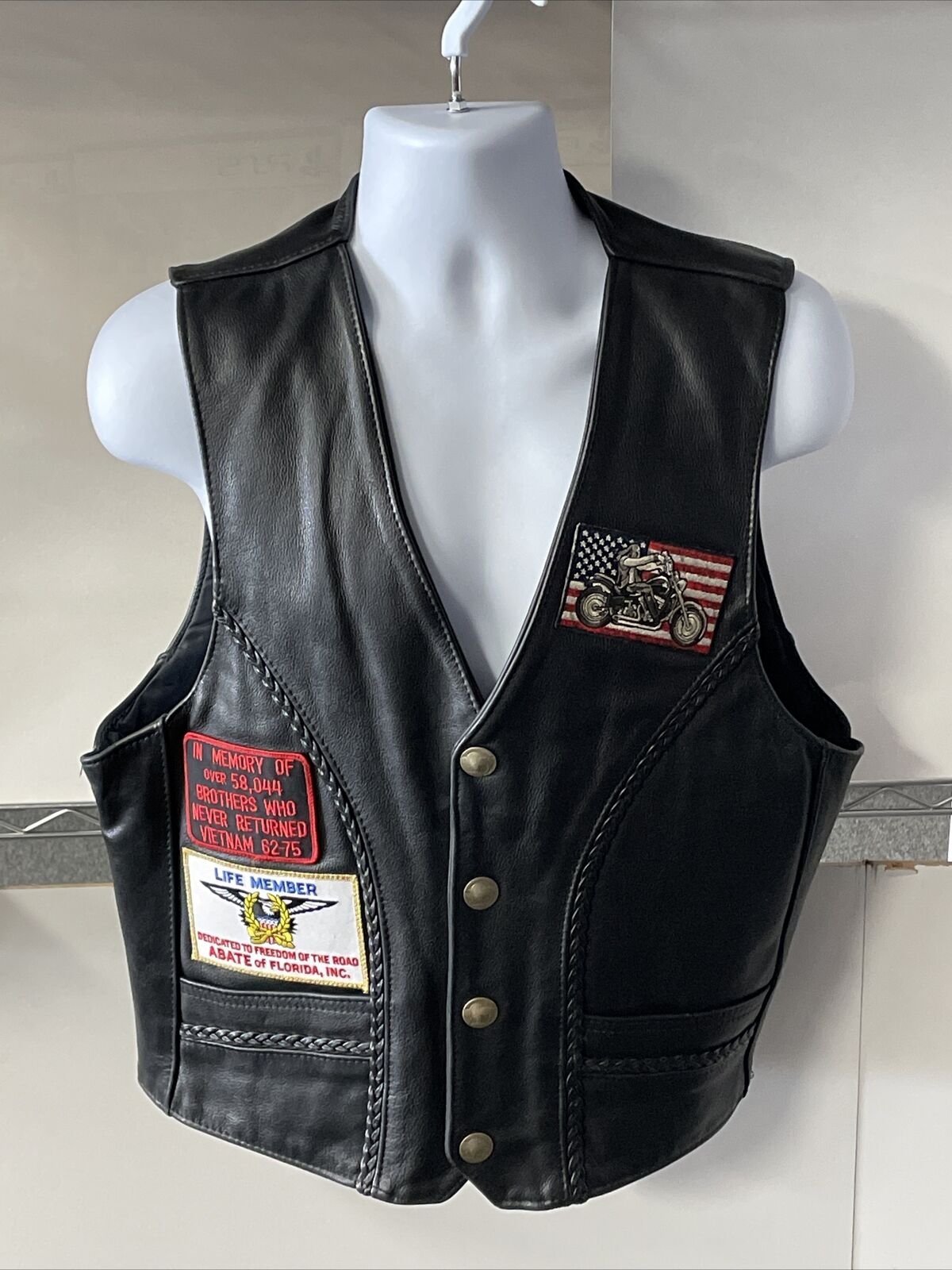 Us U.s. Made Co. Black Leather Motorcycle Vest W Patches Harley Vietnam Men’s L