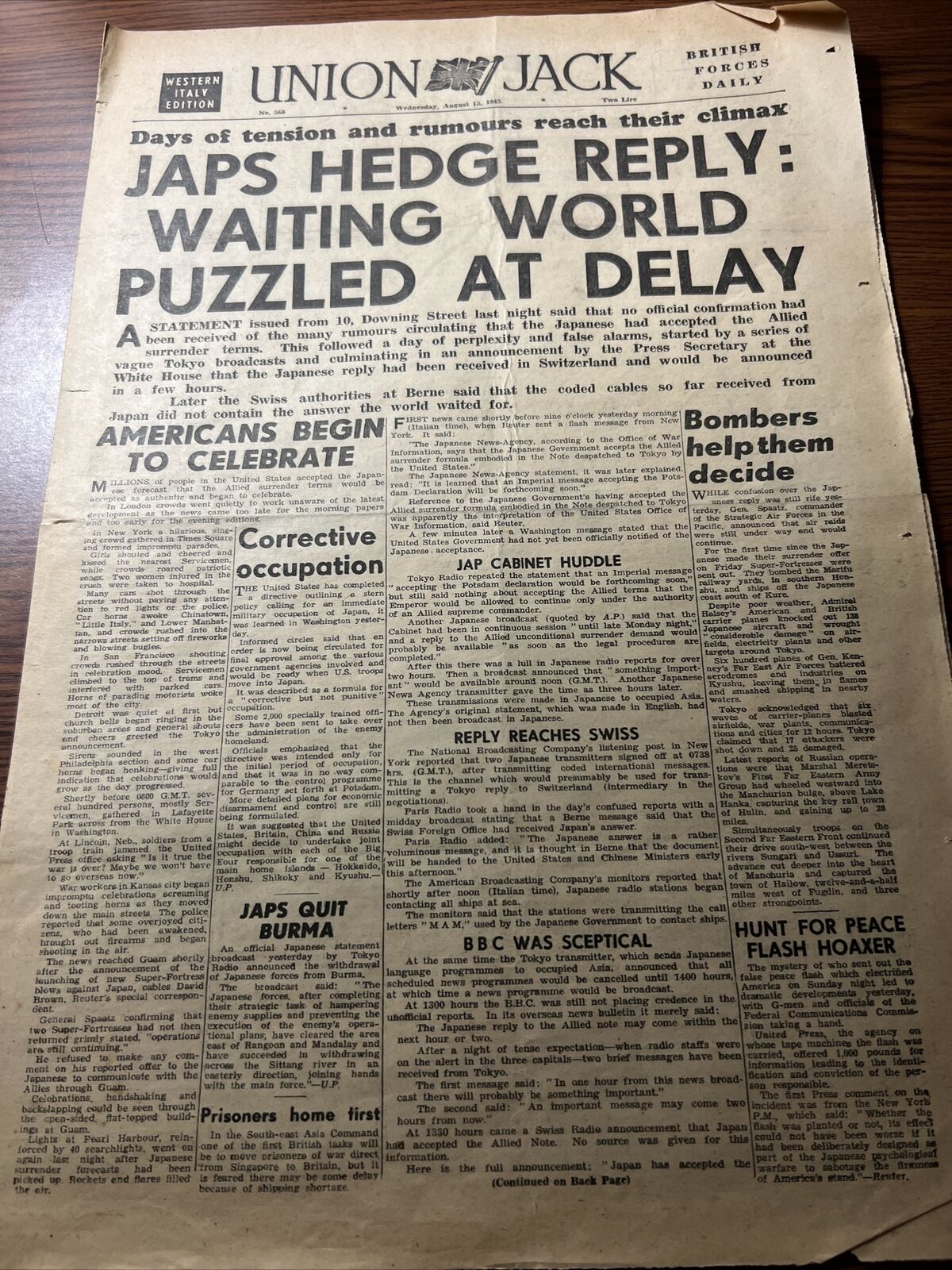 1945 Union Jack Newspaper August 15th