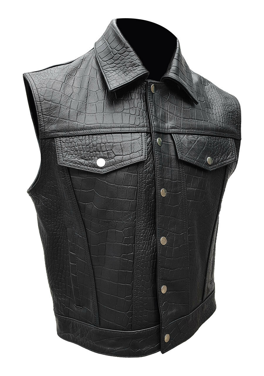 Mens Pure Black Crocodile Print Leather Motorcycle Biker Style Vest Waistcoat