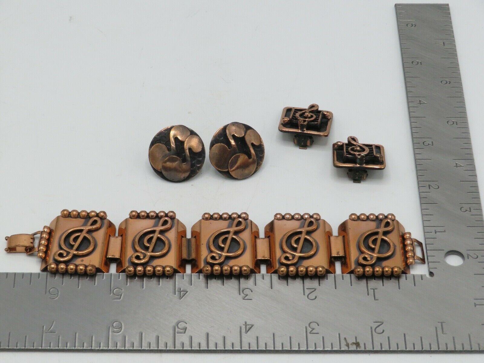 Vintage Copper Bracelet And Earrings Set Musical Notes Musician Jewelry N7-1