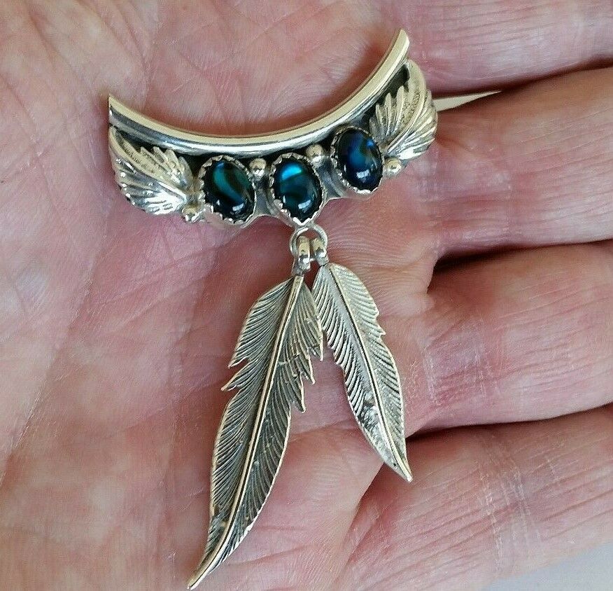 Vtg Southwest Native Sterling Blue Green Black Feather Pendant - Signed Kf