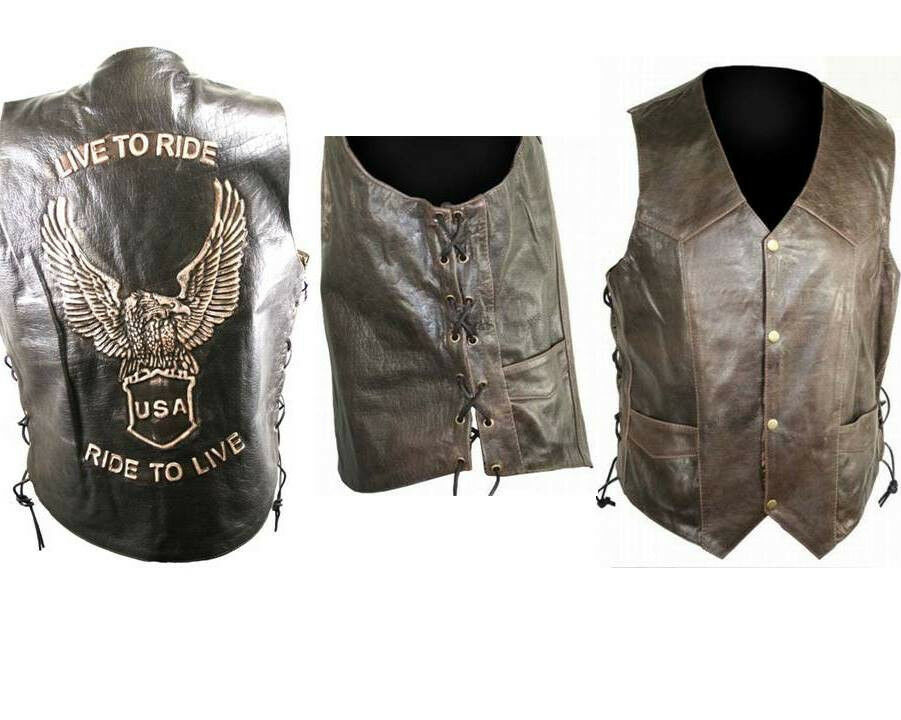 Brown Buffalo Leather Eagle Embossed Side Lace Motorcycle Vest Live To Ride New