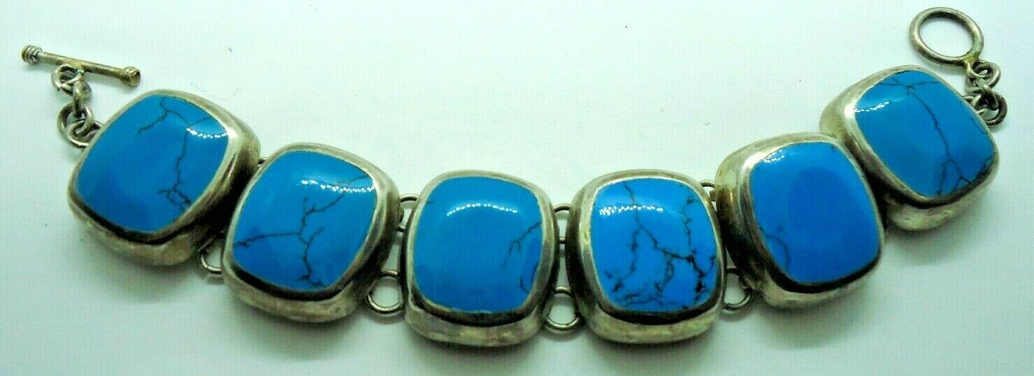 7 1/2" Sterling And Turquoise Panel Bracelet Toggle Clasp 49 Grams