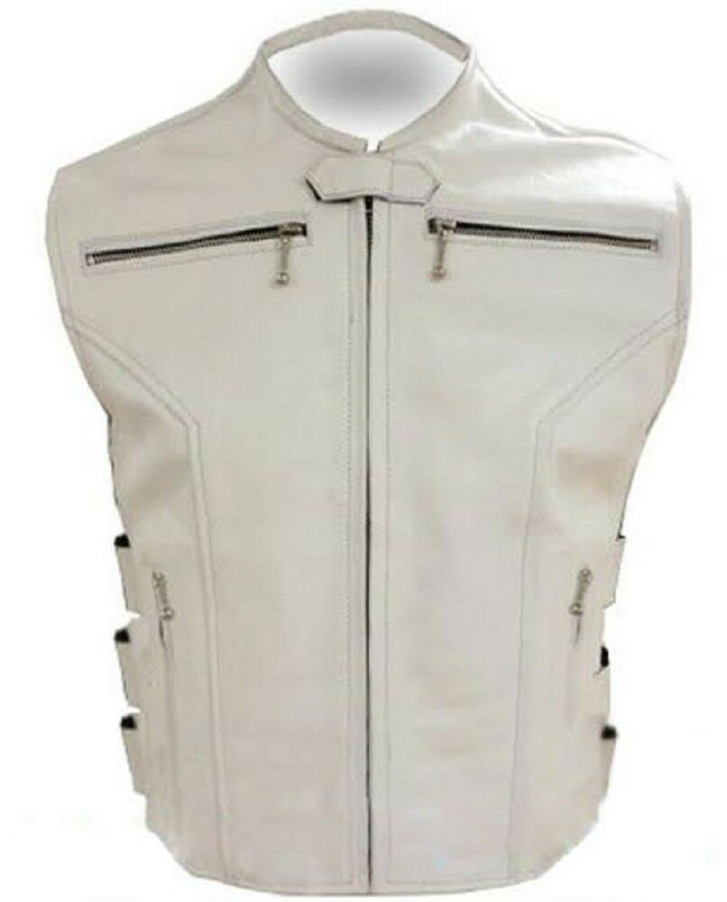 Mens Real White Cow Leather Vest Motorcycle Biker Style Vest Leather Waistcoat