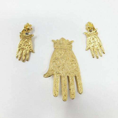 Rare Vintage Gold Tone Pin Brooch Hand Shaped Glove Clip On Earrings Chantilly