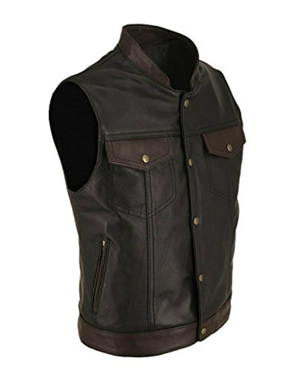 Mens Real Black And Brown Cow Leather Vest Waistcoat Bikers Vest Waistcoat