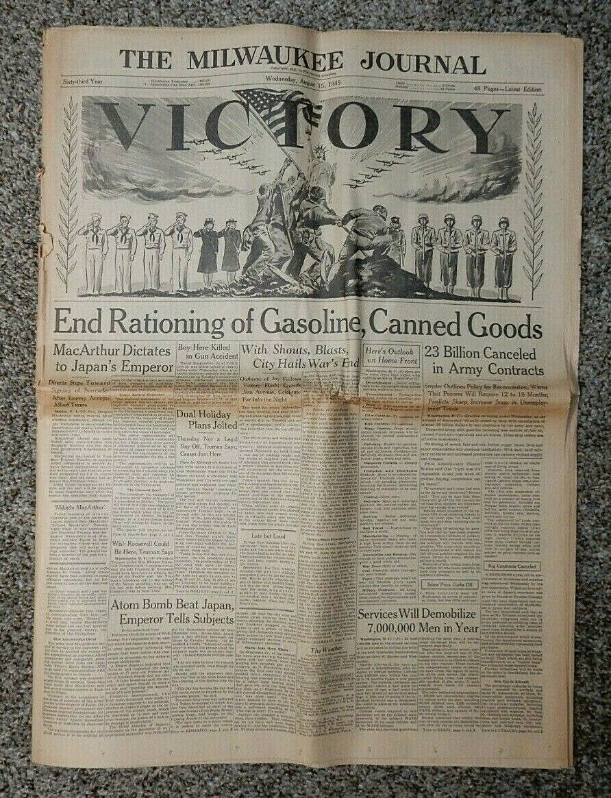 Vj Day Newspaper Aug 15 1945 The Milwaukee Journal Victory End Rationing Of Gas
